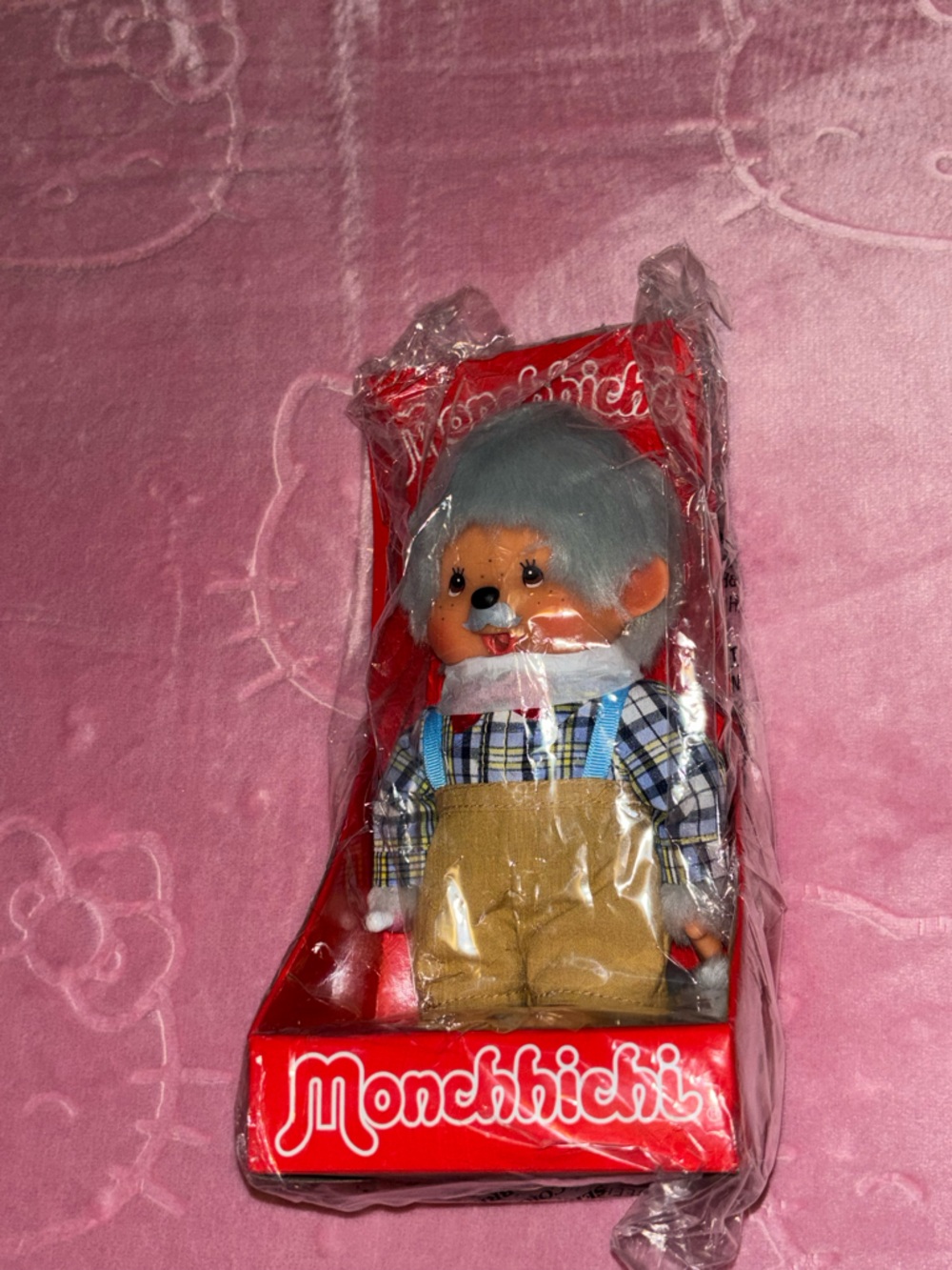 Monchhichi Plush Doll in Original Box - Gray Hair, Tan Outfit